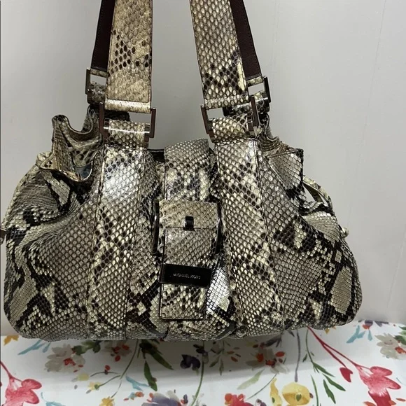 MICHAEL KORS Authentic Natural Brown Python Rehearsal Drawstring Shoulder Bag